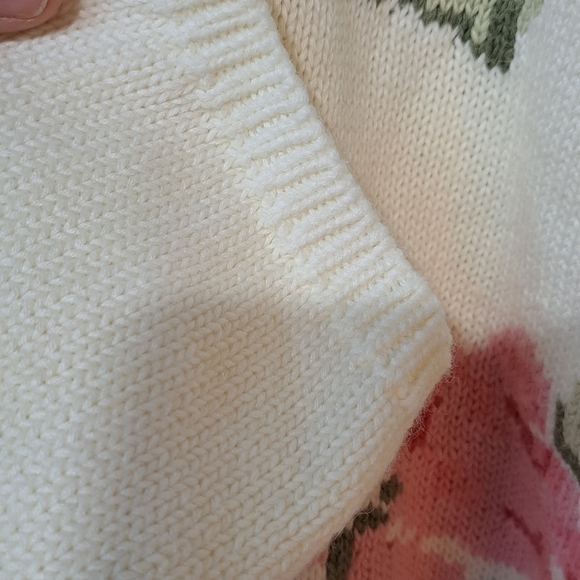 80s 90s RARE Floral Print Hand Knit Crewneck Cardigan Sweater Large  Cottagecore - Picture 7 of 16